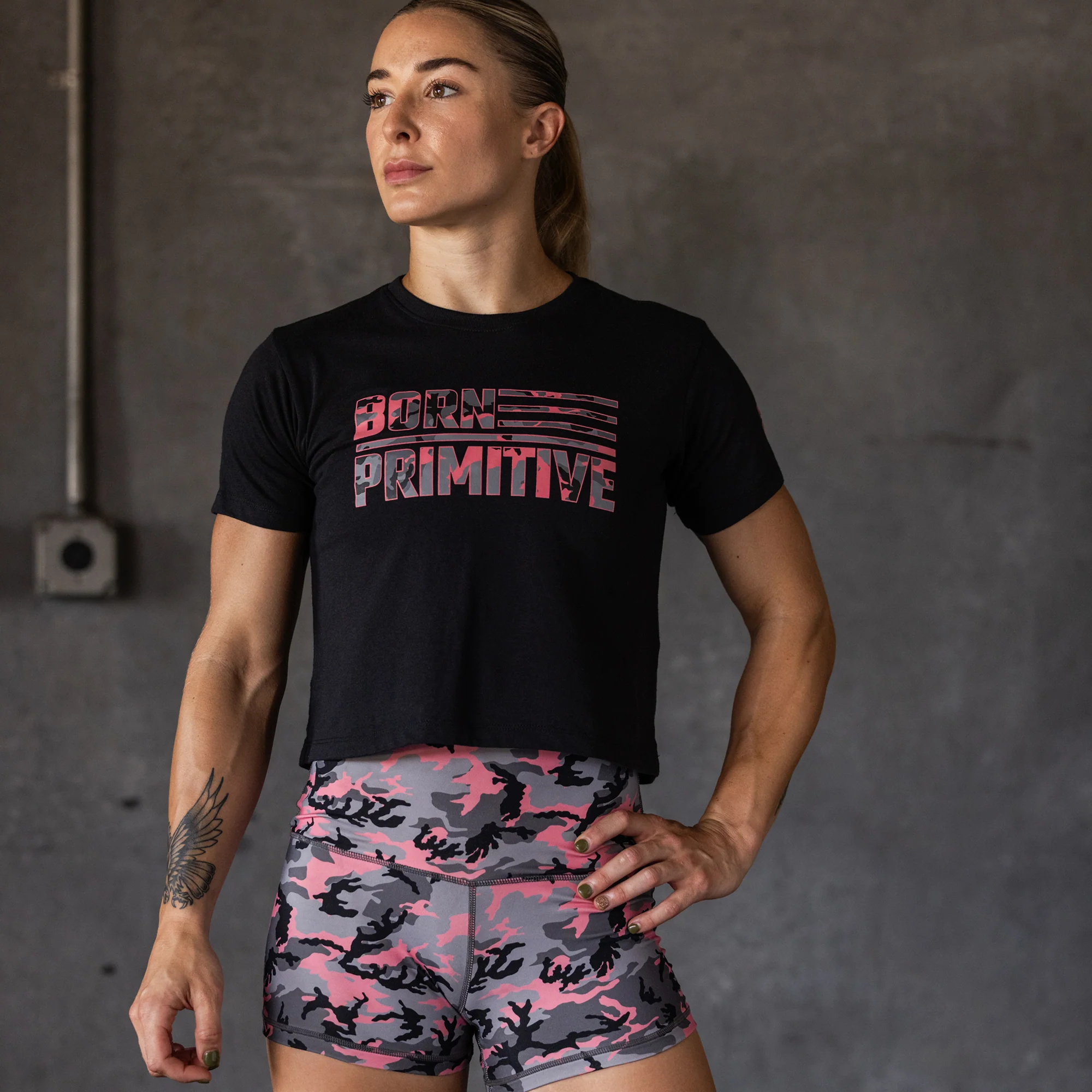 BP Flag Crop Tee (Black/Pink Woodland) - Image 6
